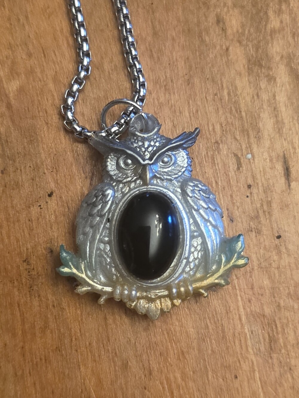 Unisex Owl With Obsidian Gemstone Belly On 22" Silver Tone Chain Necklace